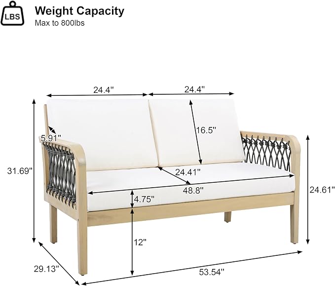 4-Piece Patio Conversation Set, All Weather Sectional Sofa Set w/ 2 Chairs, Loveseat & Round Coffee Table, Acacia Wood Outdoor Furniture Set with Rope Woven Armrests and Cushions (Light teak-6.9)