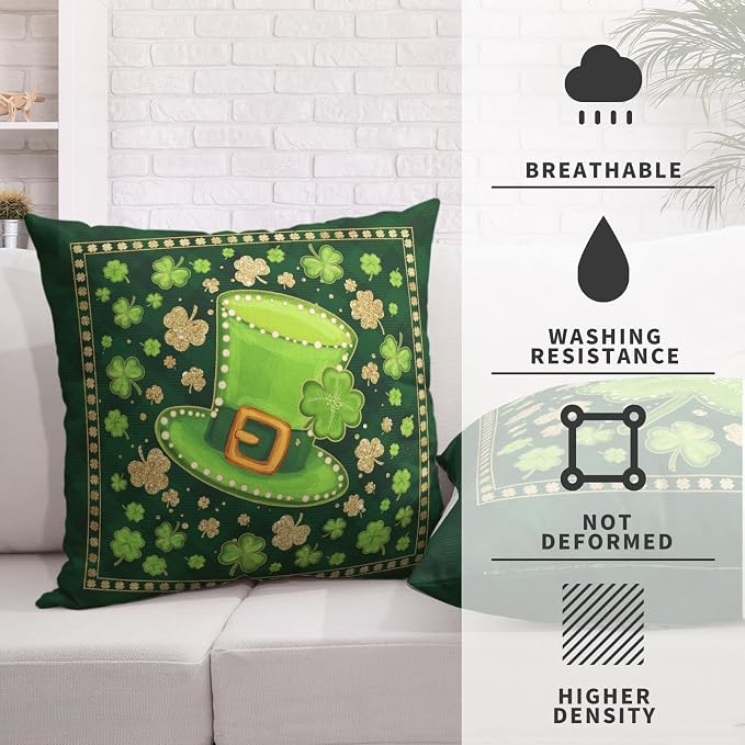 St Patricks Throw Pillow Covers Lucky Clover Hat Pillow Covers 20x20 Set of 2 Gold Green Shamrock Decorative Pillowcases Saint Patricks Day Decorations for Home Couch Bedroom