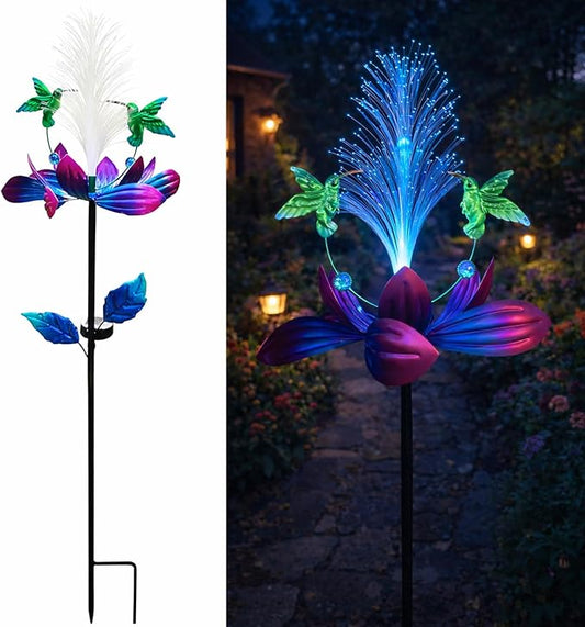 Solar Hummingbird Wind Spinner Outdoor 49 Inch Lotus Flower Metal Garden Windmill for Yard and Color Changing Fiber Optic Solar Yard Art Kinetic Wind Spinner Gift for Women Mother's Day Garden Gift