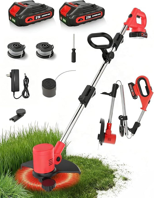 Cordless Weed Wacker 21V, Electric Weed Eater Battery Powered with Wheels & Brush Cutter, Auto Feed String Trimmer & Lawn Edger, Includes 2x2.0Ah Batteries & Charger, Lightweight for Garden Yard