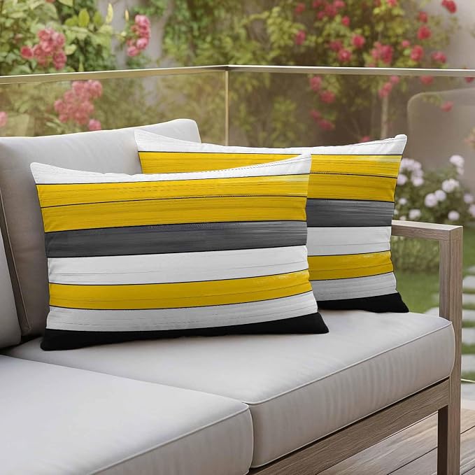Yellow Black Outdoor Pillow Covers 20"x12" Set of 2, Striped Gradient Wood Grain Modern Art Waterproof Throw Pillow Covers for Patio Furniture, Decorative Cushion Covers for Porch