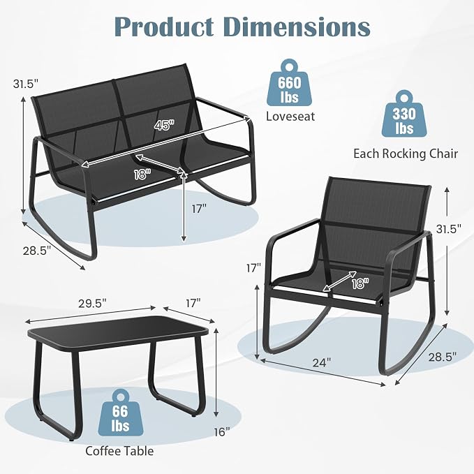 Tangkula 8 Piece Rocking Patio Furniture Set, 4 Rocking Chairs & 2 Loveseat with Glass-Top Table, Patio Rocking Set with Smooth Rocking Motion, Outdoor Rocker Conversation Set for Porch, Yard