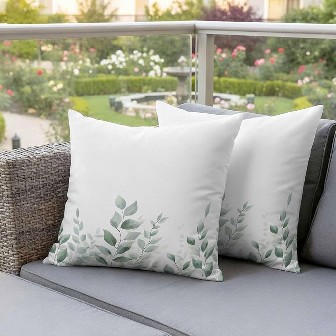 Sage Green Botanical Outdoor Waterproof Throw Pillow Covers 16x16 Set of 2, Pastoral Leaf Watercolor Decorative Pillowcases Cushion Pillowcase for Couch Sofa Patio Outside Pillow Protector