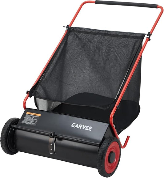 Garvee Push Lawn Sweeper, 26 in Leaf & Grass Collector with 7 Cu. ft. Hopper Bag, 4 Spinning PP Brushes, Durable Steel Construction, Adjustable Height & Rubber Tires for Leaves Grass Cleanup