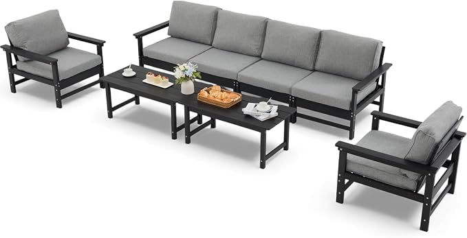 HDPE Outdoor Patio Furniture Set, 8-Piece Sofa Set with 4-Seat Couch, 2 Armchairs & 2 Coffee Tables, Weatherproof Conversation Set with Cushions, All-Weather Waterproof, for Garden, Porch & Backyard