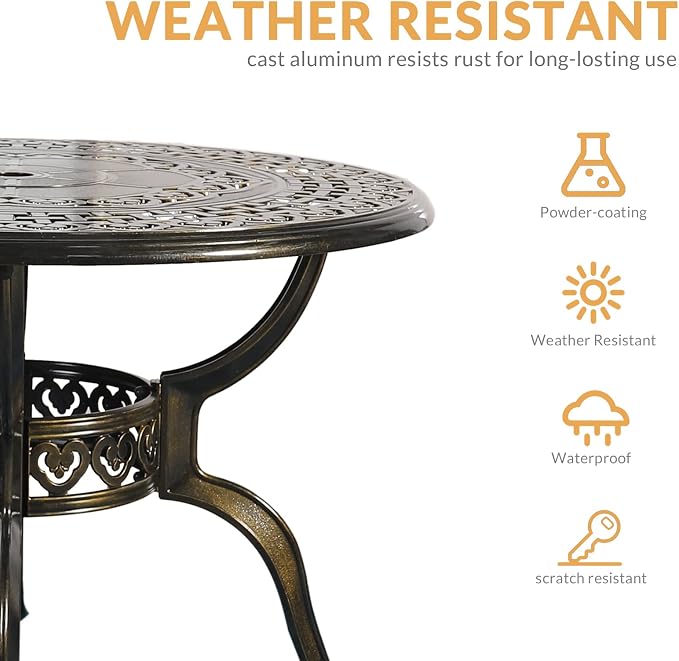 5-Piece Outdoor Patio Dining Set, All-Weather Cast Aluminum Patio Furniture Set for Backyard Garden Deck with 4 Chairs, 4 Cushions and 38.5" Round Table, 2" Umbrella Hole