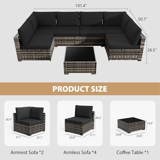 KIGOTY 7-Piece Patio Furniture Set, All-Weather PE Rattan Outdoor Sectional Sofa, Modular Wicker Conversation Set with Thick Cushions & Easy-Clean Coffee Table（Beige Black/Black）