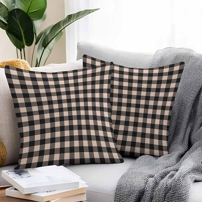Outdoor Waterproof Throw Pillow Covers Set of 2 Beige Buffalo Plaid Pillowcases 16x16 Inches Pastoral Black Checked Decorative Pillows Cushion Case Patio Pillows for Couch Bed Chair Garden