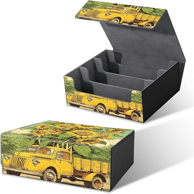 Large Card Deck Box for MTG, Fits 1200+ Sleeved Cards, PU Leather Storage Case with Strong Magnetic Closure, Multiple Colors Available for TCG CCG Baseball Card Collections, Sunflower Truck