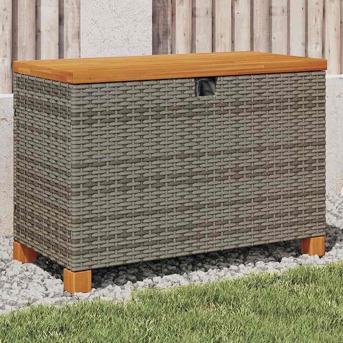 vidaXL Patio Storage Box, Outdoor Cushion Storage Box with Lid, Toy Box for Furniture Garden Tools, Modern Style, Gray Poly Rattan Acacia Wood
