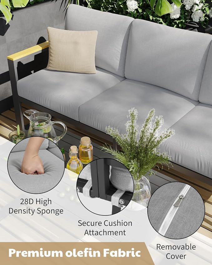 Aluminum Patio Furniture Set, 7 Seats Outdoor Patio Conversation Sets with Coffee Table, 6 Pieces Metal Conversation Sectional Furniture Sofa for Balcony, Garden, Deck, Backyard,Gray