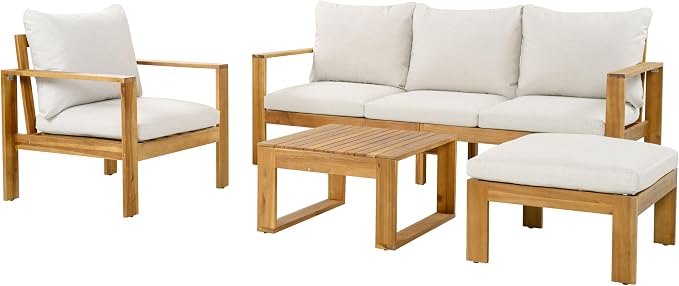 JIVOIT 4 Pieces Outdoor Sectional Sofa Set, Acacia Wood Patio Conversation Set with Coffee Table, Ottoman and 2 Chairs for Backyard Porch Garden Balcony