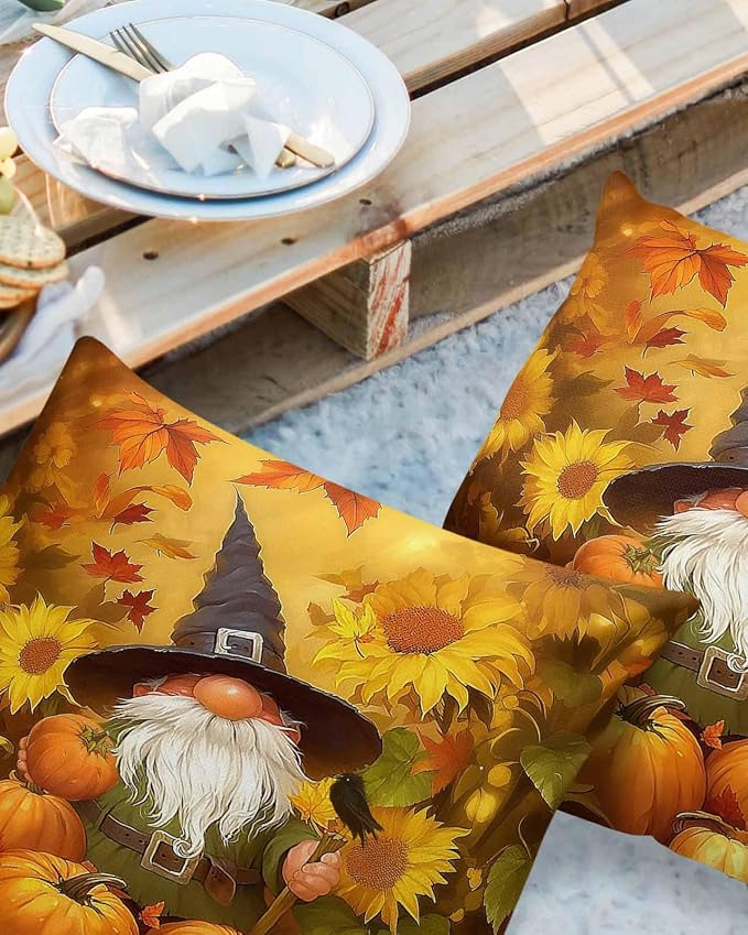 Outdoor Waterproof Throw Pillow Covers 24x24in, Fall Harvest Pumpkins Gnome Cushions for Garden Patio Furniture Chairs Set of 2, Thanksgiving Sunflowers Home Decor Couch Sofa Polyester Pillow Cases