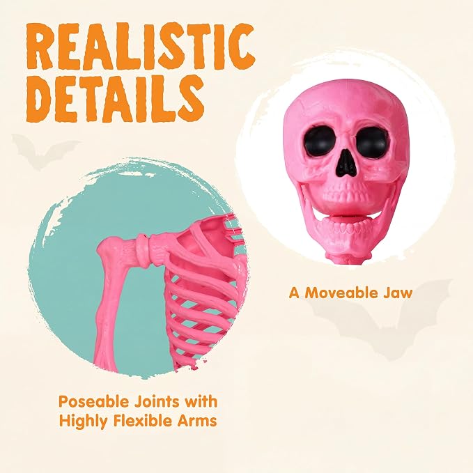 JOYIN 5.6 FT Halloween Posable Skeleton Life Size, Giant Outdoor Yard Skeletons, Pink Plastic Skeleton with Movable Joints for Haunted House Props, Halloween Decorations, Spooky Scary Skeletons Party