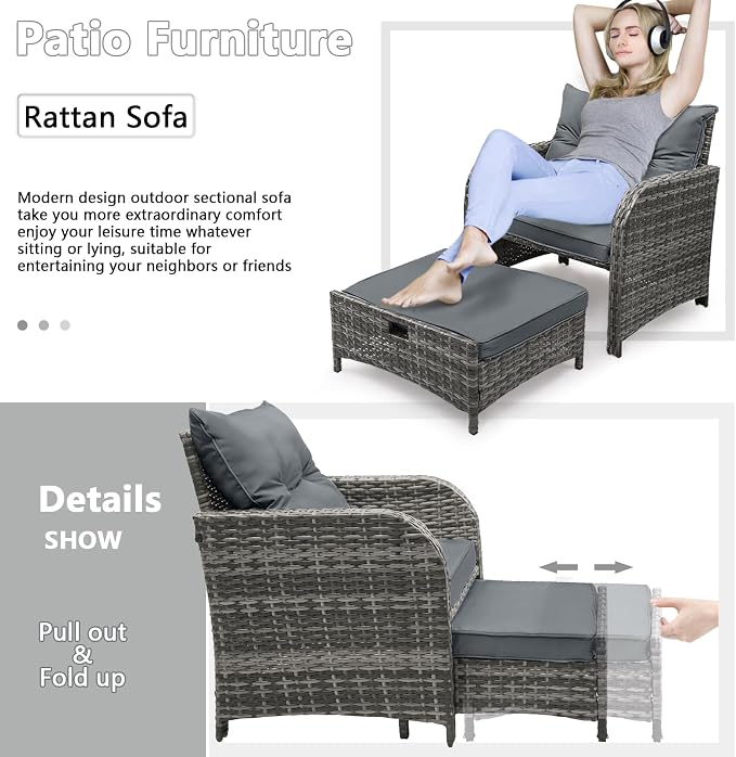 Patio Chair with Ottomans and Table, 5 Piece PE Wicker Rattan Outdoor Patio Furniture Set, Space Saving Design Outdoor Chairs with Ottomans Set for Balcony Poolside Front Porch Deck, Grey