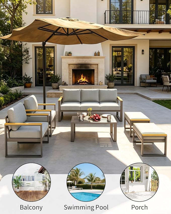 Aluminum Patio Furniture Set, 7 Seats Outdoor Patio Conversation Sets with Coffee Table, 6 Pieces Metal Conversation Sectional Furniture Sofa for Balcony, Garden, Deck, Backyard,Gray