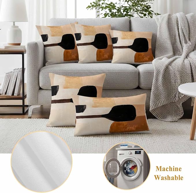 Beige Black Outdoor Waterproof Throw Pillow Covers Set of 2, 26"x26", Brown Abstract Art Graffiti Color Block Modern Decorative Pillow Covers Outside Cushion Case for Patio Porch Garden