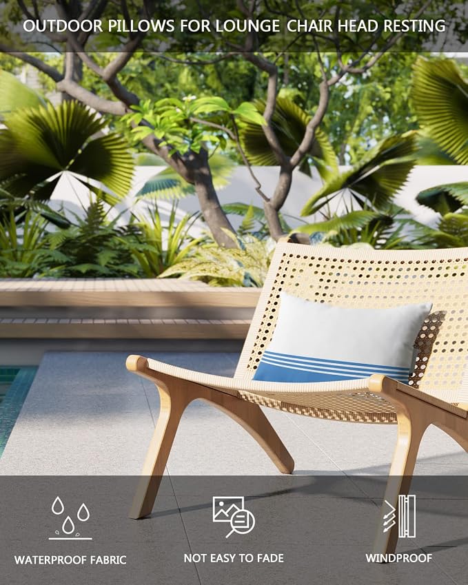 Outdoor Pillows Covers with Inserts Modern Art Blue Stripes White Farmhouse Waterproof Recliner Pillow with Adjustable Strap Throw Pillows for Patio Furniture Pool Lounge Chair, 12x20 inch, 1PCS