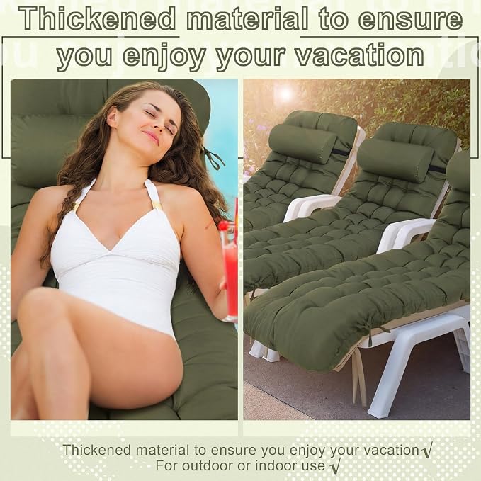 Tudomro Outdoor Chaise Lounge Cushion 66x21x4'' Waterproof & Fade-Resistant Patio Pool Chaise Lounge Cushion Headrest Pillow Tie Replacement Rocking High Back Chair(Olive Green,1 Pcs)