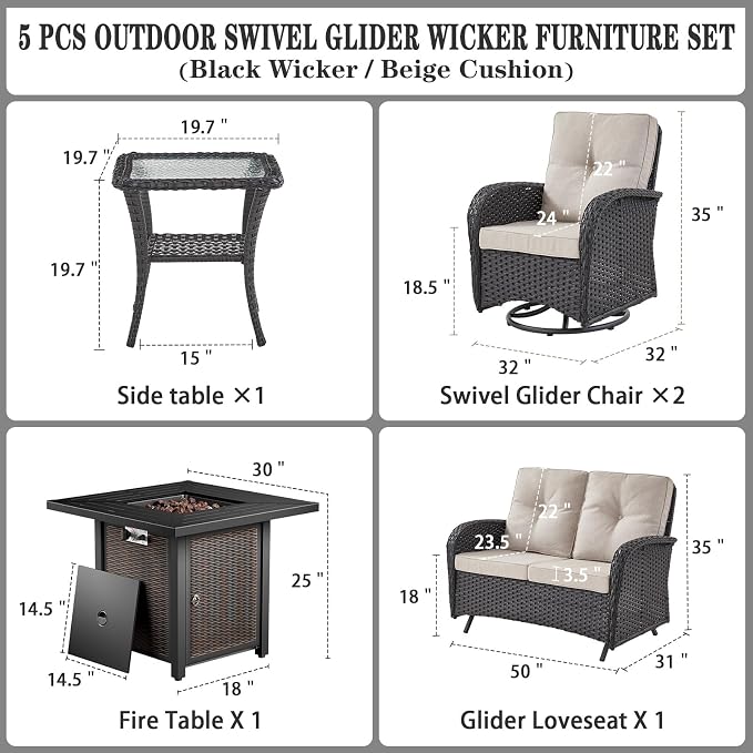 Belord 5 Pieces Patio Furniture Set with 30” Propane Fire Pit Table, Deep Seating Swivel Rocker Glider Outdoor Chairs Set of 4 with Side Table Set of 2 Patio Conversation Set Black Wicker