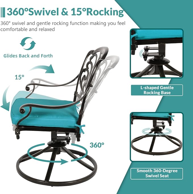 MEETWARM 9-Piece Outdoor Patio Dining Set for 8, All Weather Cast Aluminum Patio Funiture Table and Chairs Set- Large 64" Square Table, 4 Swivel Rocker Chairs, 4 Stationary, Umbrella Hole, Ocean Blue