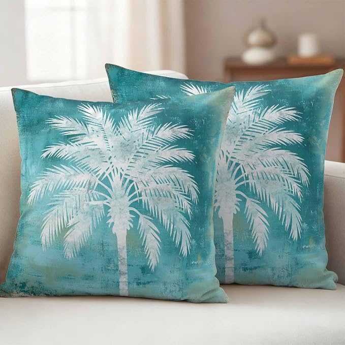 Teal Summer Palm Tree Outdoor Waterproof Pillow Covers, Coastal Beach Tropical Botanical Decorative Square Throw Pillowcase, Vintage Sofa Cushion Sham for Patio/Couch/Chair, 24"x24" 2 Pack