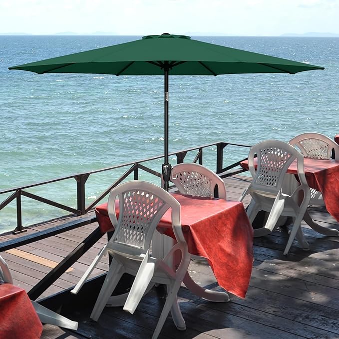YSSOA 9' Patio Umbrella with 50lbs 20" Capacity Fillable Heavy Duty Round Base, 8 Sturdy Ribs, for Outdoor Lawn, Deck, Poolside, Green and Black