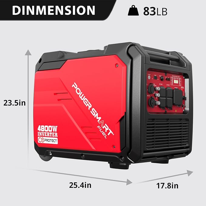 PowerSmart 4800W Portable Inverter Generator, Gas Powered Quiet with Electric Start & CO Alarm, 223cc Engine Eco-Mode Small Generator for Home Backup, Camping and RV Ready