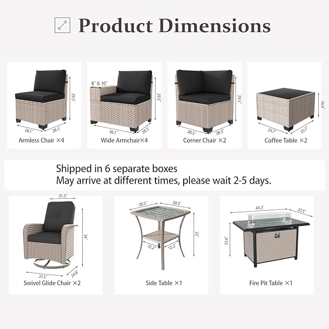 16 Pieces Patio Furniture Set with Fire Pit Table, Outdoor Sectional Wicker Sofa with Thick Cushions, High Back Swivel Rocker Patio Chairs, Rattan Conversation Set with Coffee Table, Black