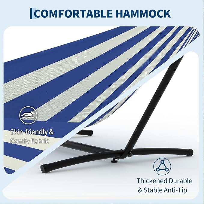 Double Hammock with Space-Saving Steel Stand - 2 Person Portable Heavy Duty Hammock with Carrying Bag for Outdoors & Indoors, Easy Assembly, 350 lbs Capacity, Yellow Rainbow Stripes