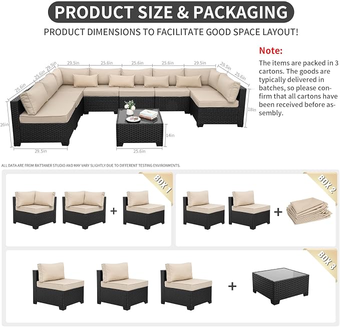Rattaner 9 Pieces Outdoor Sectional All-Weather Wicker Patio Furniture Set Patio Sectional Glass Patio Table Non-Slip Cushions and Waterproof Covers, Khaki