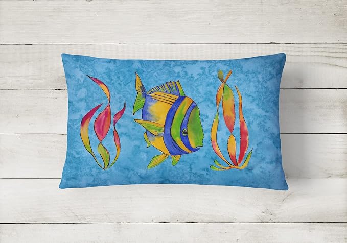 Caroline's Treasures 8713PW1216 Troical Fish and Seaweed on Blue Canvas Fabric Decorative Pillow Machine Washable, Indoor Outdoor Decorative Pillow for Couch, Bed or Patio, 12HX16W