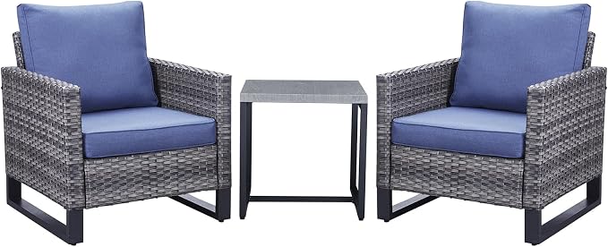 Belord Outdoor Bistro Set 3 Piece Outdoor Wicker Patio Chairs, Oversize Outdoor Rattan Seating Set, All-Weather Chairs Wicker Furniture with Metal Side Table and Water-Resistant Cushion for Outside