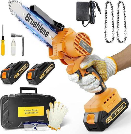 Mini Chainsaw Cordless 6 Inch,Portable Electric Chainsaw Cordless, Brushless Electric Handheld Chain Saw with 2x2000mAh Batteries, Battery Powered Handheld Saw for Garden Pruning, Storm Cleanup