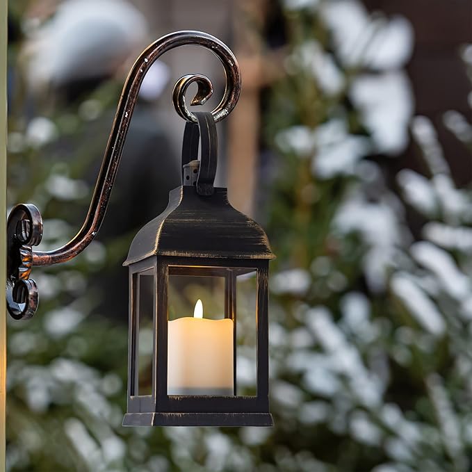 Vintage Lantern Decorative LED Flickering Flameless Candle with Timer, Battery Powered LED Decorative Hanging Golden Brushed Black Lanterns for Indoor Outdoor Garden Yard Home Decor(4 Pack)