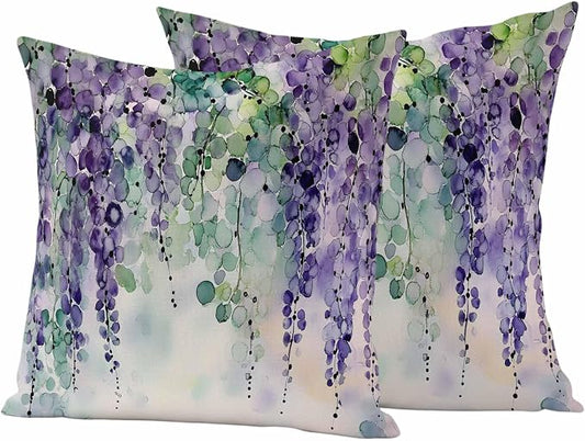 Purple Green Lavender Outdoor Pillow Covers Set of 2 Modern Abstract Romantic Watercolor Flower Leaf Waterproof Throw Pillow Cover Decorative Cushion Cases for Patio Porch Garden 24X24 Inch