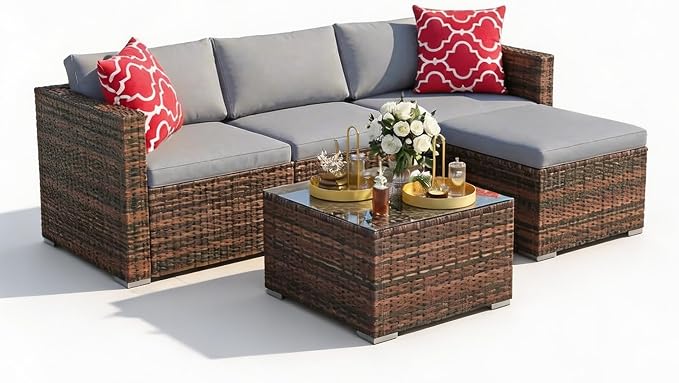 GarveeTech 5 Pieces Patio Furniture Set, All Weather Wicker Rattan Sectional Sofa,Outdoor Patio Furniture Set with Washable Cushions for Garden, Backyard, Porch, Poolside (Brown&Grey) ﻿