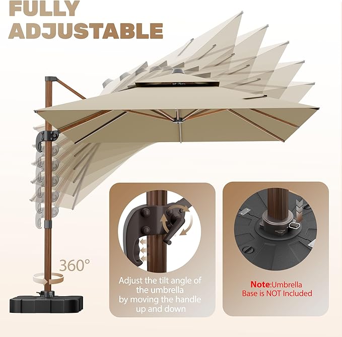 10x13FT Cantilever Outdoor Patio Umbrellas, Double Top Wood Pattern Rectangle Umbrella, Heavy Duty 360°Rotation Offset Umbrella for Garden Deck Pool Patio, Beige