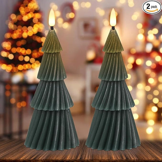 Wondise Christmas Tree Flameless Candles with 6hrs Timer, Real Wax Battery Operated 3D Wick LED Candles Flameless Flickering Candles for Christmas Holiday Decor (2 pcs 3" x 7.1")