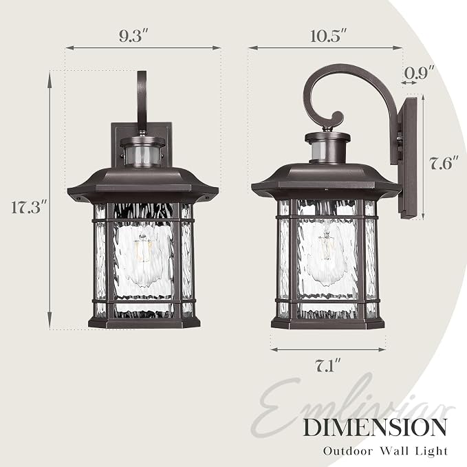 Emliviar Medium Large Motion Sensor Outside Lantern, Outdoor Wall Sconce Porch Light, 1-Light Wall Lamp with Water Ripple Glass, Oil Rubbed Bronze Finish, 2084B-M-SE ORB-SW