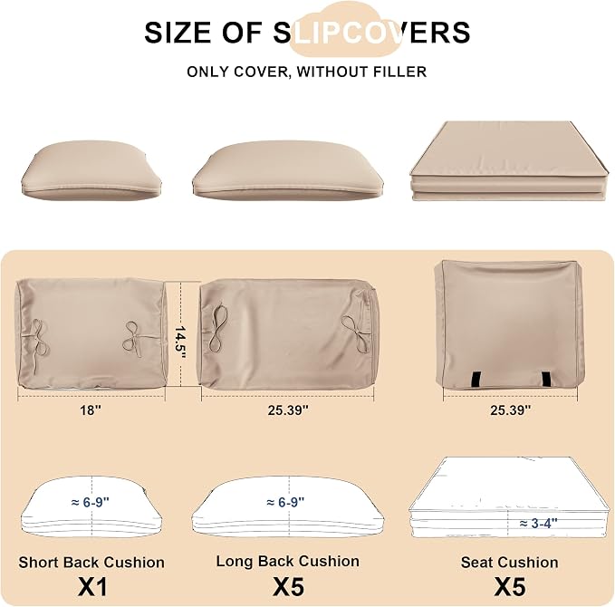 Kurapika Outdoor Cushion Slipcovers 11PCS Patio Set Cushion Covers Replacement for Outdoor Furniture Set, Outdoor Sofa Seat Cushion Cover and Backrest Pillow Covers (Sand)