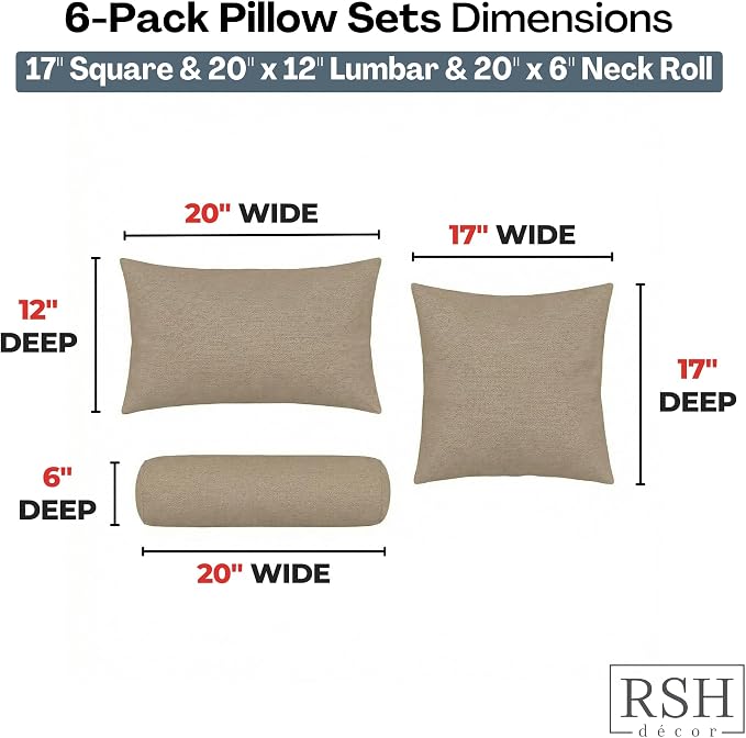 RSH DECOR: 6-Pack Pillow Set | Sunbrella Performance Fabric |Water & Fade-Resistant| 17" Square, 20"x12" Lumbar, 20"x6" Neck Roll | Outdoor Throw Pillows | Made in USA (Vesper Alpaca Stone)