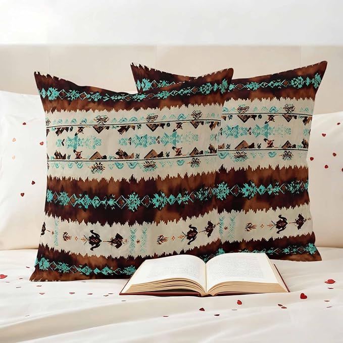 Western Aztec Outdoor Pillow Covers 26"x26" Set of 2, Brown Turquoise Tribal Ethnic Geometric Waterproof Throw Pillow Covers for Patio Furniture, Decorative Cushion Covers for Porch