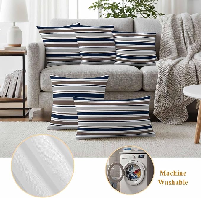 Grey Navy Blue Striped Outdoor Pillow Cover 18x18 Inch Cushion Sham Case, Farmhouse Stripes Modern Abstract Art Waterproof Decorative Square Throw Pillowcase for Outside Garden Patio Porch Couch Chair
