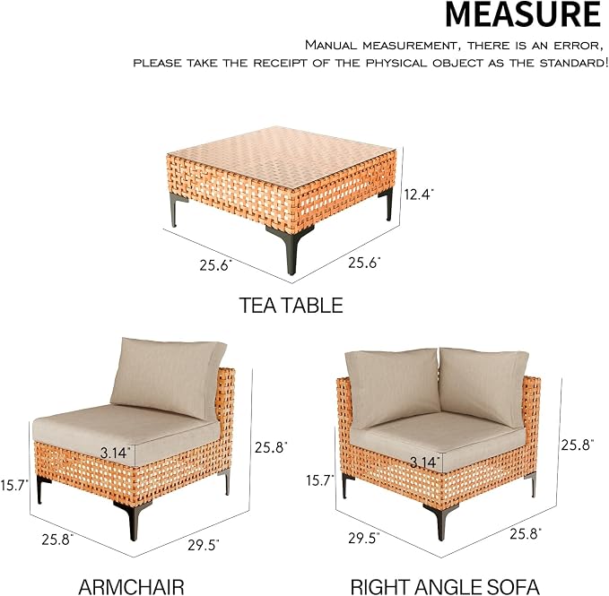 9 Piece Outdoor Patio Furniture Set Modular Outdoor Furniture Set Wicker Outdoor Sectional Sofa with Table Patio Set for Balcony Porch Deck Yard (Salmon&Orange Wicker, Sand Cushion)
