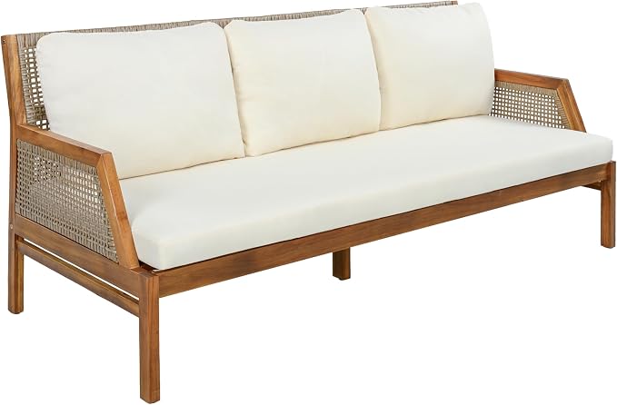 Christopher Knight Home Zura 4 Piece Patio Furniture Set with Removable Cushion, Outdoor Acacia Wood Conversation Set with Ottoman, Outdoor Sectional Sofa Set with Coffee Table, Teak+Cream
