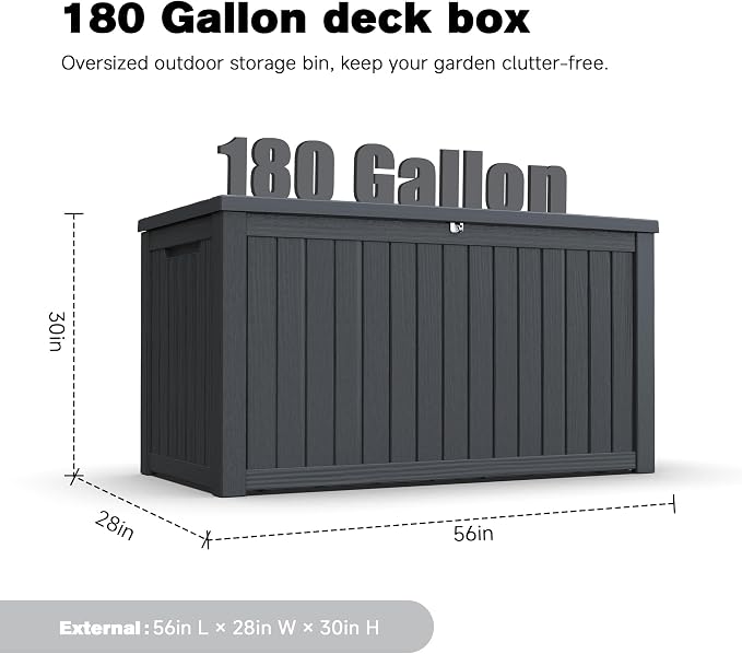 XXL Large Gallon Resin Deck Box, Waterproof Lockable Outdoor Storage Box, Black Organizer for Patio Furniture, Cushions, Garden Tools, Pool & Sports Equipment (180, Gallons)