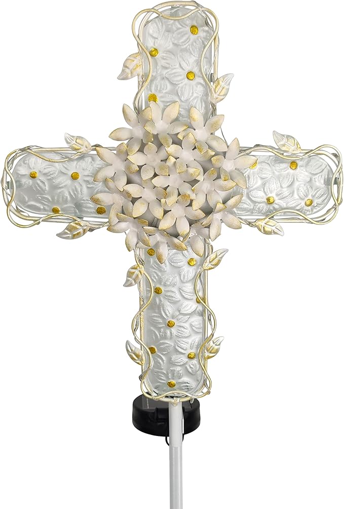 COOZZYHOUR 38Inch Solar Cross Garden Lights Outdoor Decorative - Solar Metal&Glass Cross White Hydrangea Flower Stake Lights- Waterproof 20 Warm White LED for Remembrance Gifts & Sympathy Gifts.