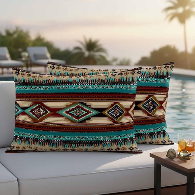 Boho Ethic Outdoor Pillow Covers 20"x12" Set of 2, Western Aztec Tribal Teal Brown Diamond Stripes Waterproof Throw Pillow Covers for Patio Furniture, Decorative Cushion Covers for Porch