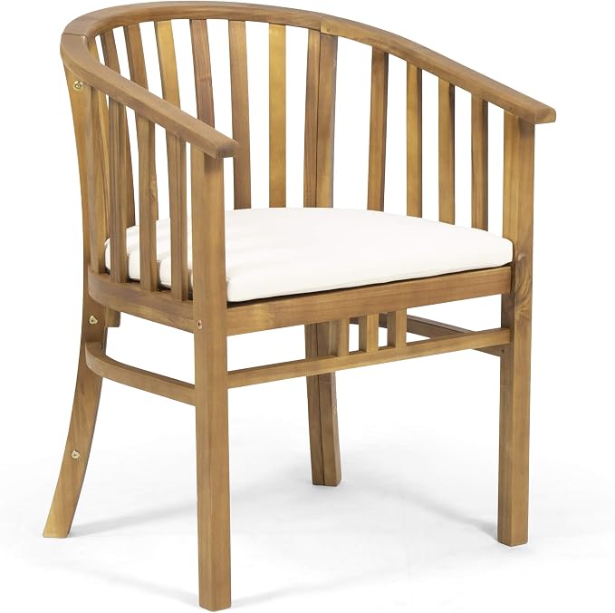 Christopher Knight Home Outdoor Acacia Wood Dining Set 6 Chairs 1 Table Cream Cushions Teak Finish Patio Backyard Garden Furniture 70 Inch Table Outdoor Dining Set